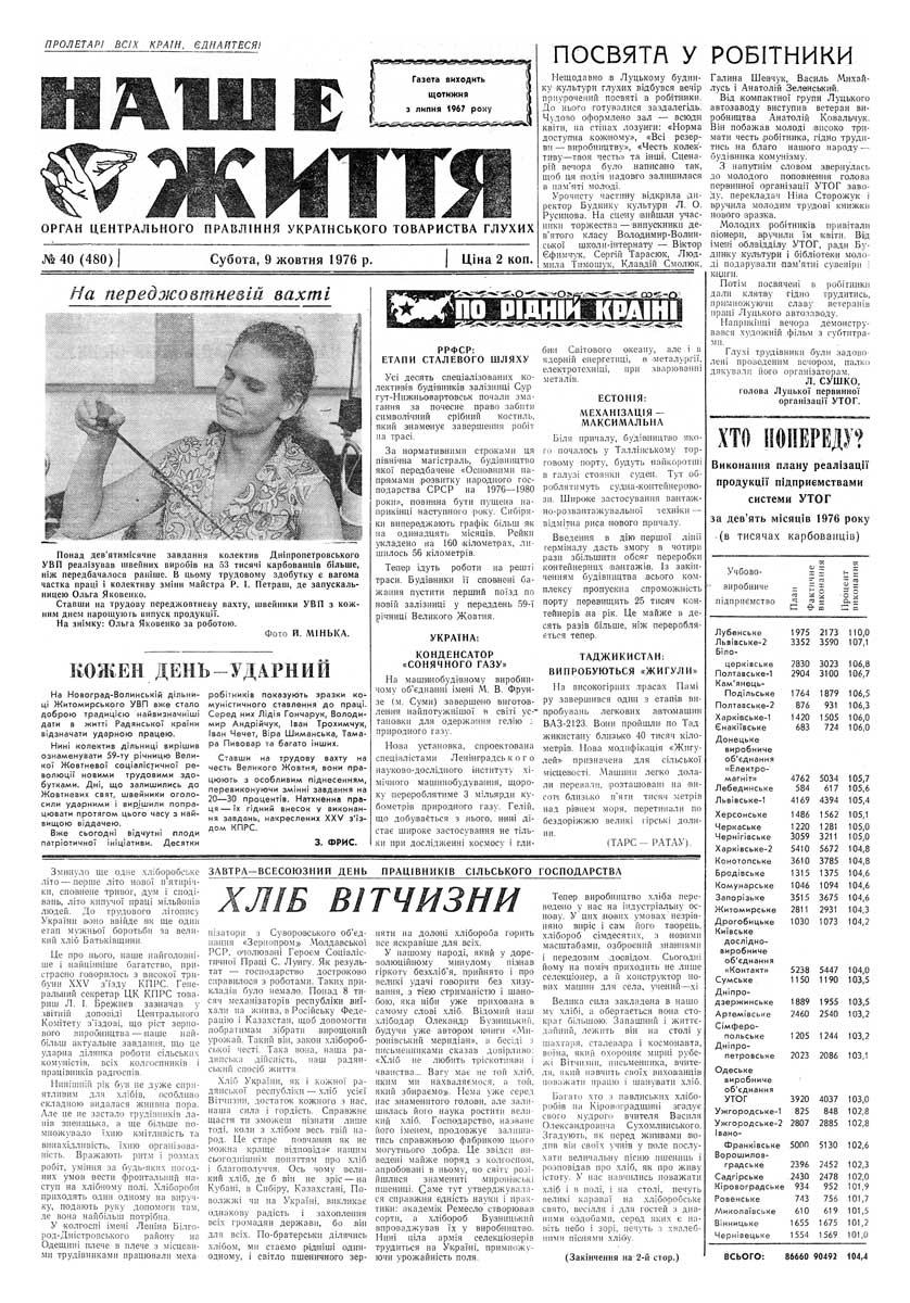 Газета "НАШЕ ЖИТТЯ" № 40 480, 9 жовтня 1976 р.